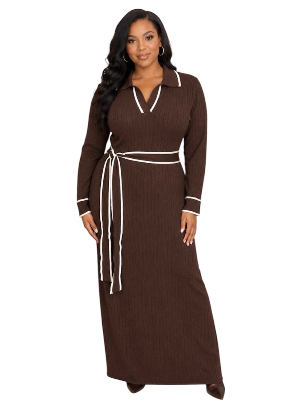 Brown Maxi Polo Dress with White Trim and Tie Waist